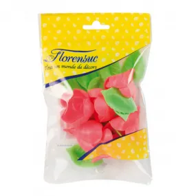 Fleurs de rose carmin x6, grandes feuilles x12 - en Azyme